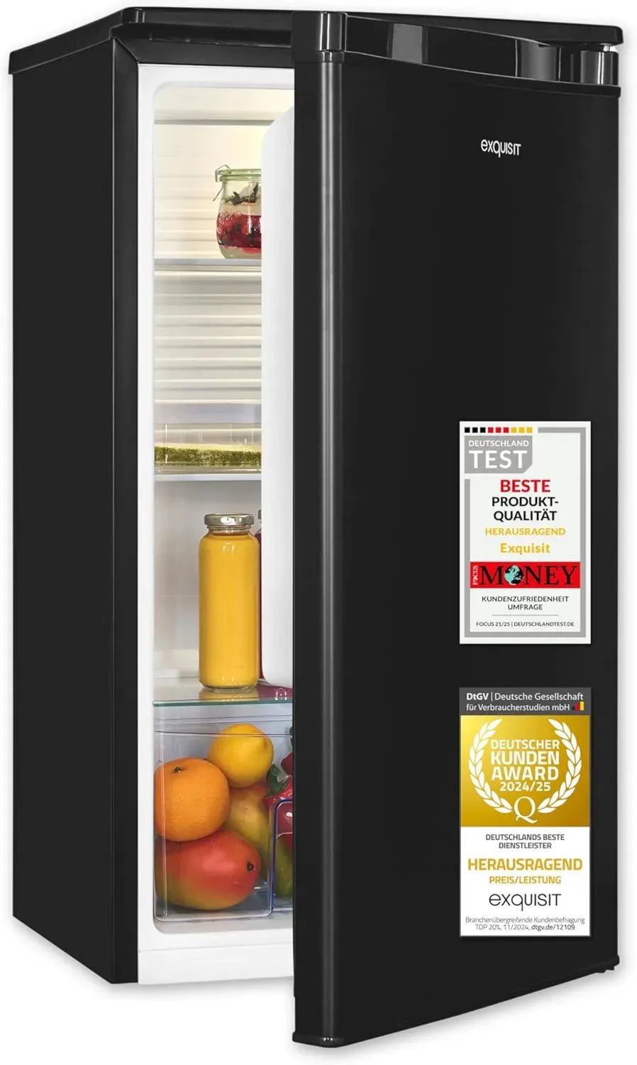 Exquisit Kühlschrank 76L, Energieklasse E, leise 41 dB, kompakt mit LED-Licht, manuelle Steuerung, Glasböden, Gemüseschale, schwarz